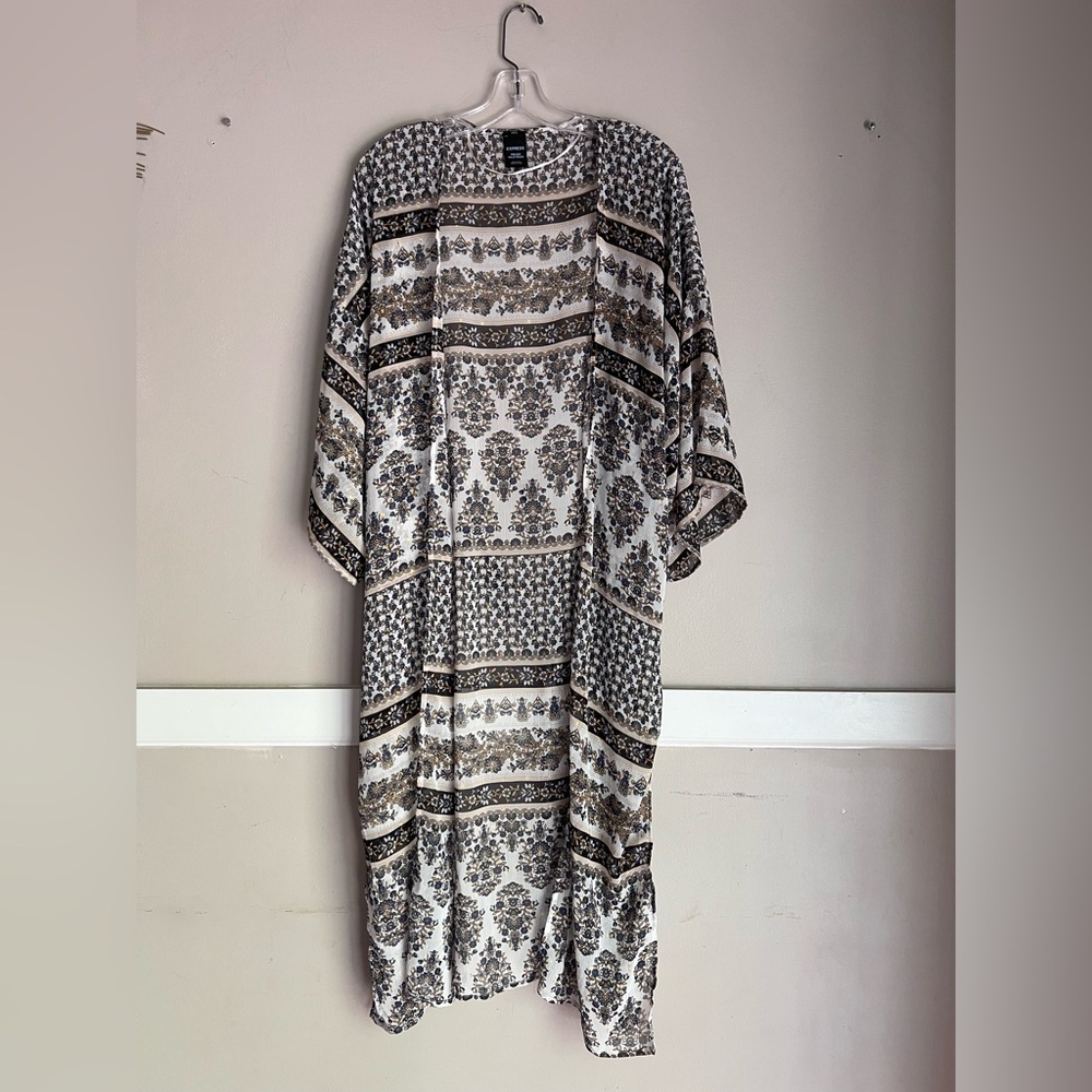 Express Neutral Floral Maxi Kimono - White, Brown, Black